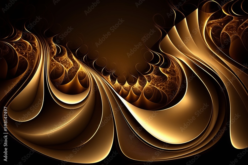 Poster fractal waves on abstract gold background - generative ai
