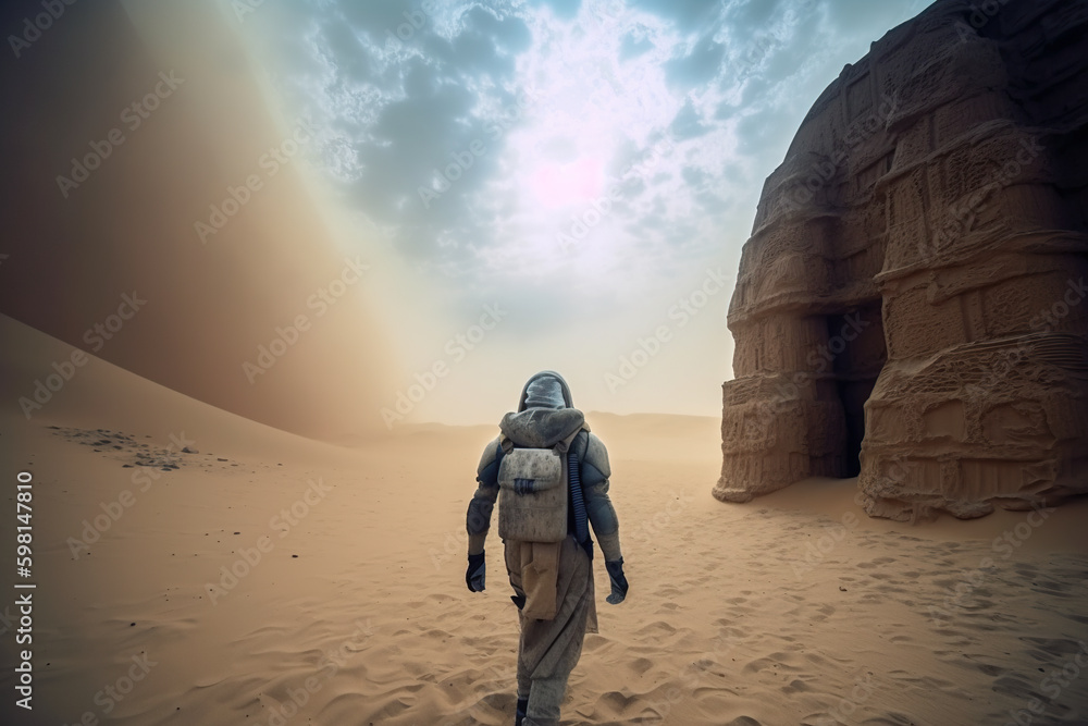 Aufkleber a man in a space suit walking across a desert on another planet. ai generative image