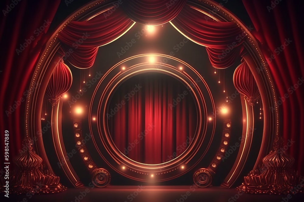 Poster luxurious red curtain with shimmering golden circle frame and flashing led lights - generative ai