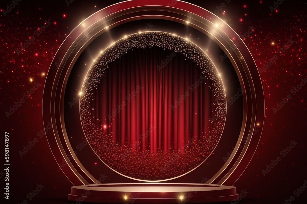 Poster luxury red curtain with golden circle frame and flashing lights - digital art motion design - genera