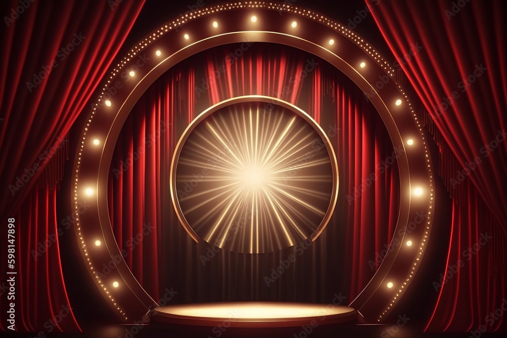 Poster luxurious red curtain with golden glitter frame and flashing led lights - generative ai