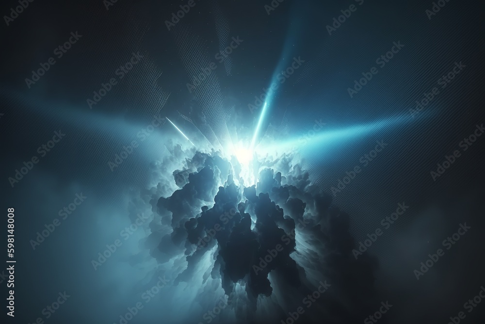 Poster blue flare light beam with smoke and dust particle effect abstract background