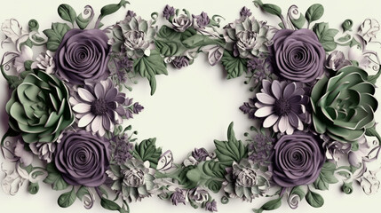 Obraz na płótnie Canvas Gorgeous wedding frame with intricate green and purple flower ornamentation Generative AI