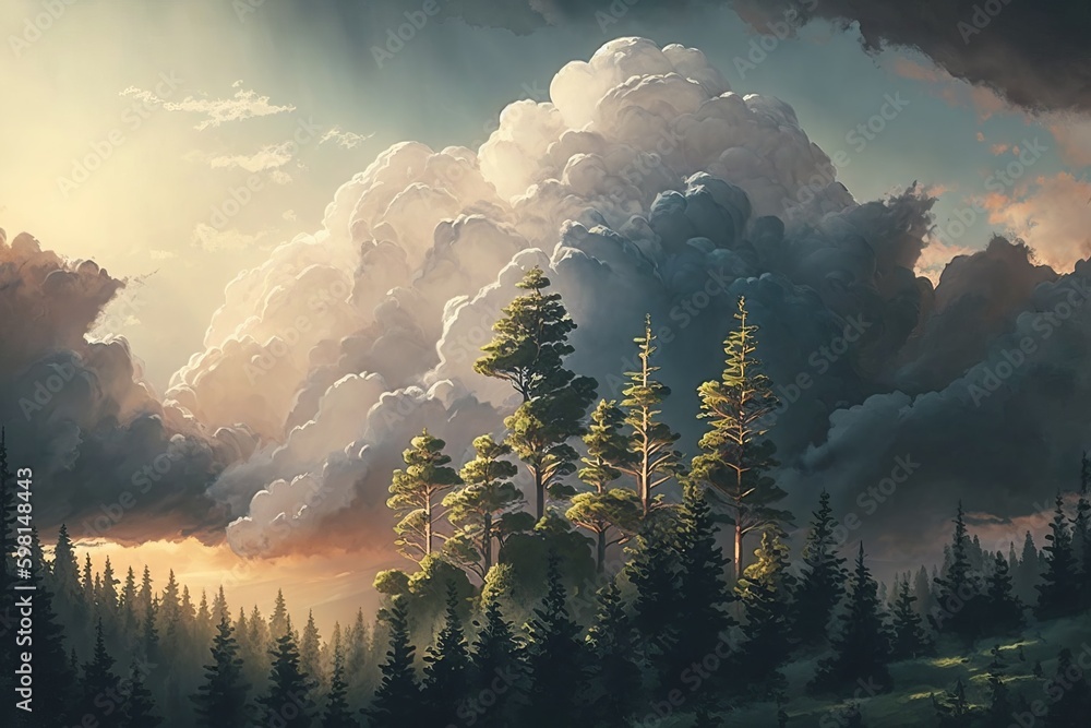 Poster clouds above forest in afternoon - generative ai