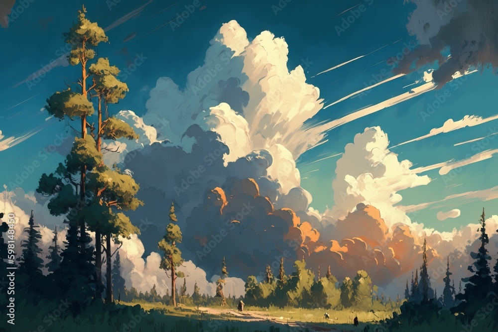 Poster clouds soar above the forest in afternoon - generative ai
