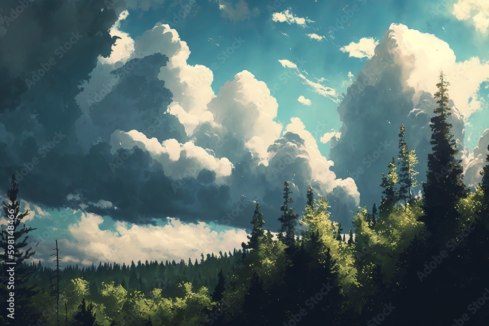 Poster clouds fly above forest in afternoon - generative ai