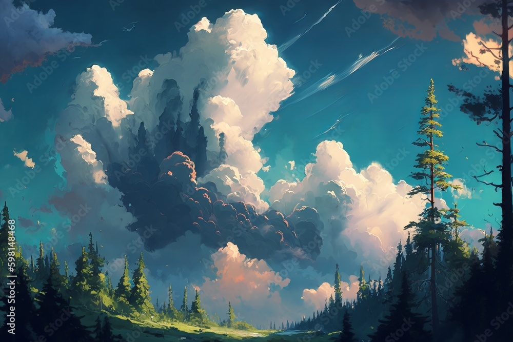 Poster Clouds Hovering Over Afternoon Forest - Generative AI