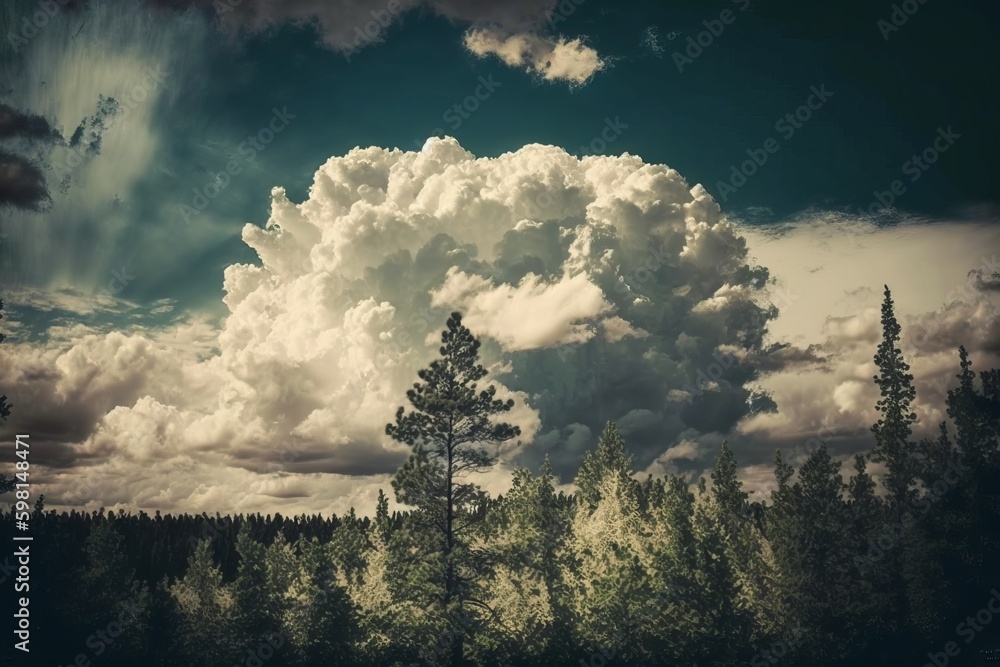 Poster clouds fly above forest in afternoon - generative ai