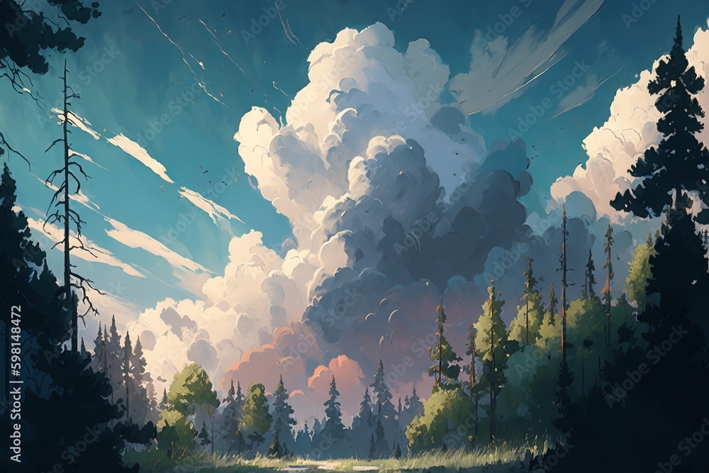 Poster clouds soar over afternoon forest - generative ai