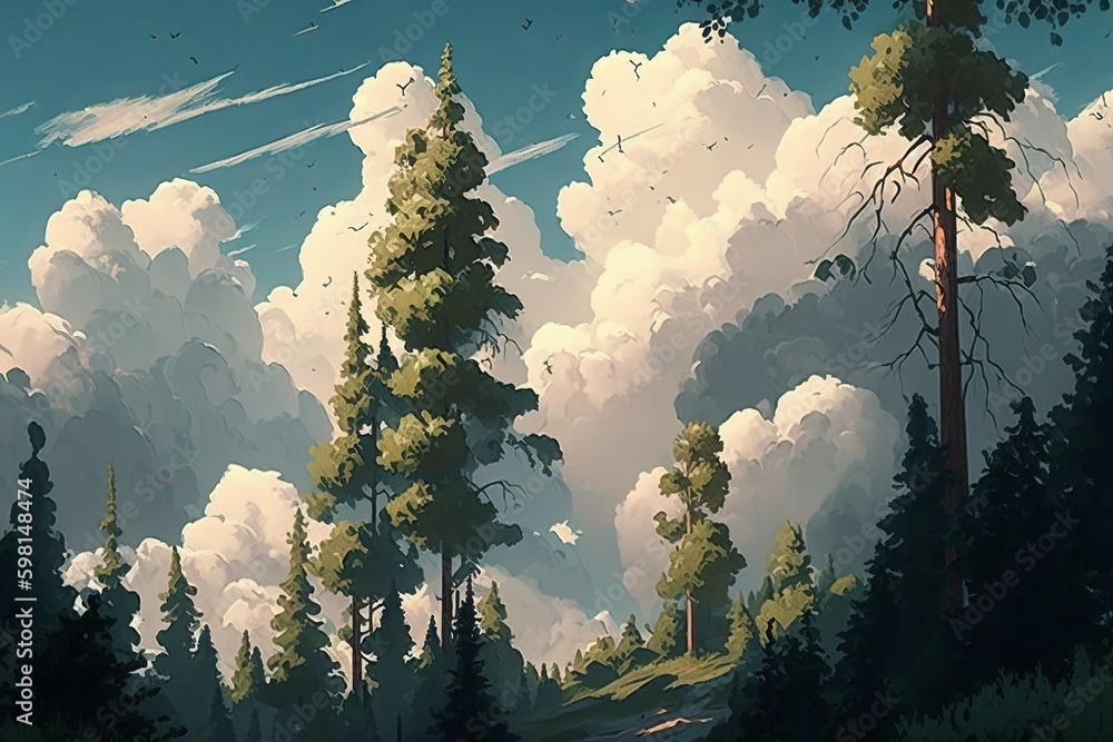 Poster clouds fly above forest in afternoon - generative ai