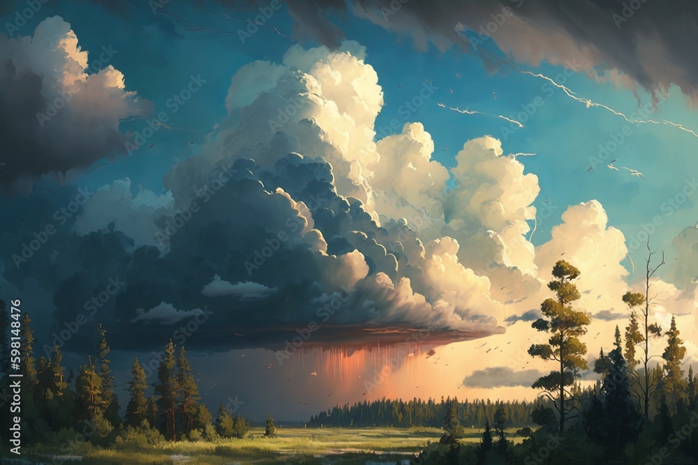 Poster clouds above forest in afternoon - generative ai