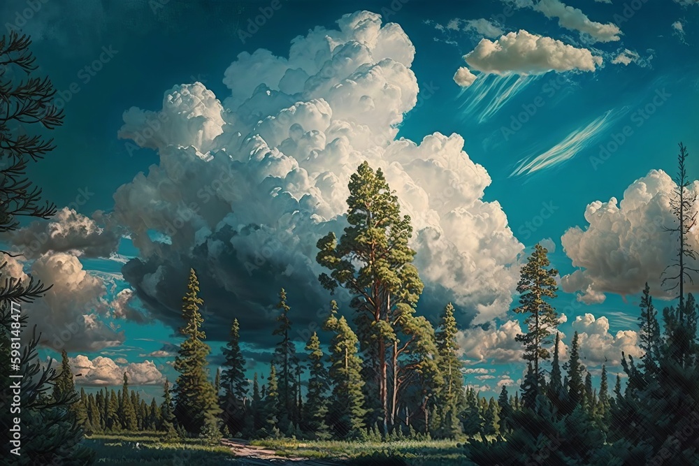 Poster clouds hovering over afternoon forest - generative ai