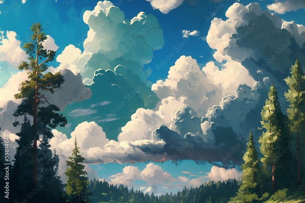Poster clouds soar above forest in afternoon - generative ai
