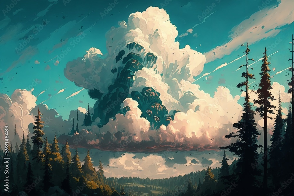 Poster clouds flying above forest in afternoon - generative ai
