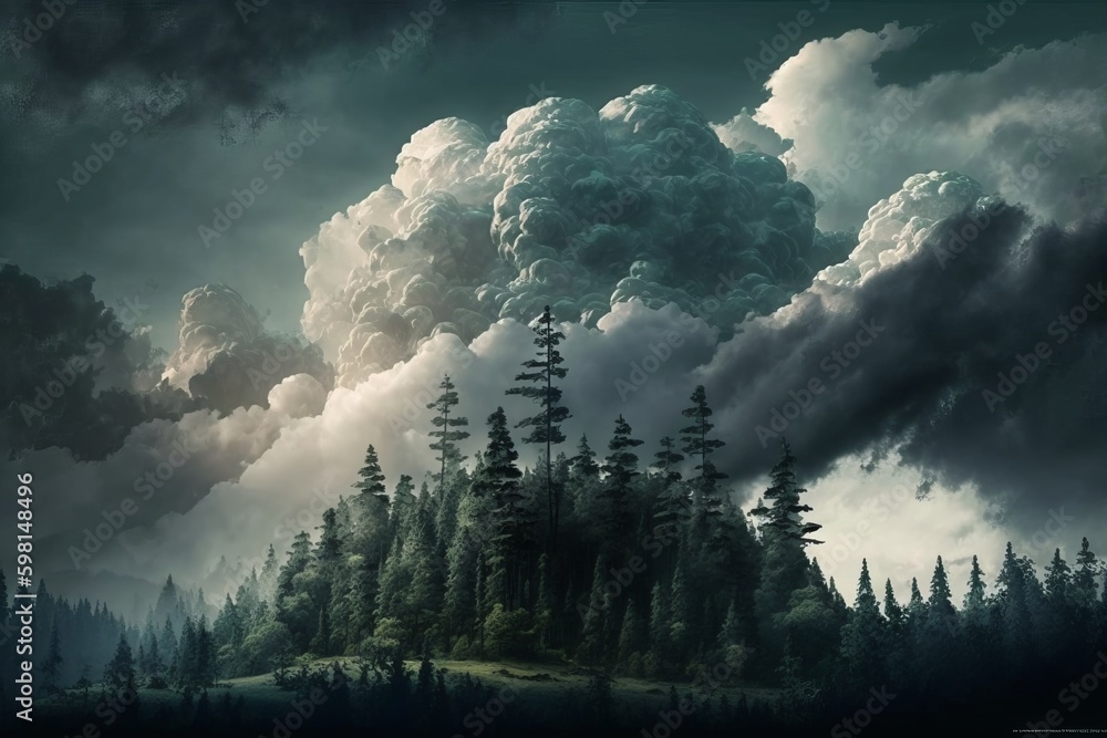 Poster clouds fly above forest in afternoon - generative ai