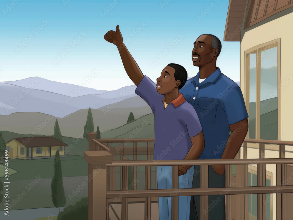 Poster a father and son standing on the balcony of their new home admiring the view with joyous expressions