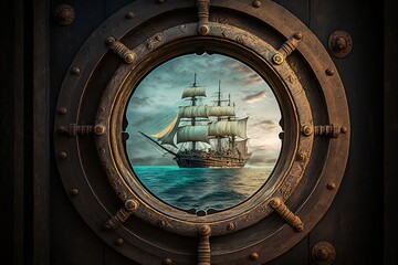 Close-up of a Boat Porthole with View of Old Galleon - Generative AI