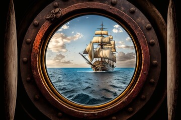 Close-up of Boat Porthole with View of Old Galleon - Generative AI