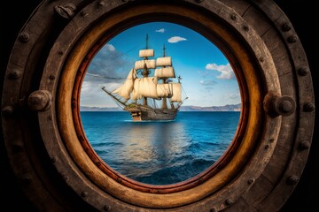 Close-up of a Boat Porthole with View of Old Galleon - Generative AI