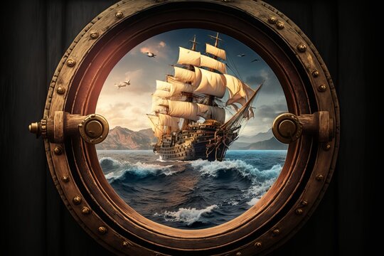 Close-up of a Boat Porthole with View of Old Galleon - Generative AI