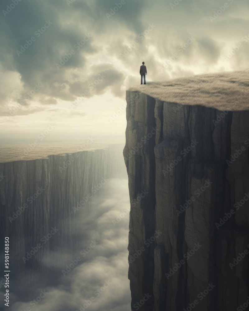 Aufkleber a person on the edge of a high cliff looking confused and terrified in regards to a financial decisi