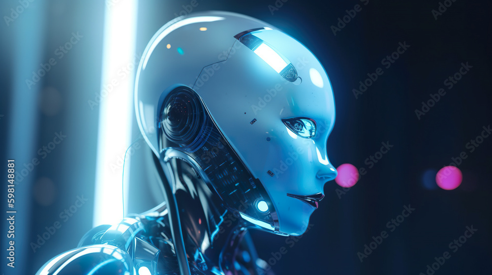 Poster a robot with glowing eyes and a white helmet. ai generative image
