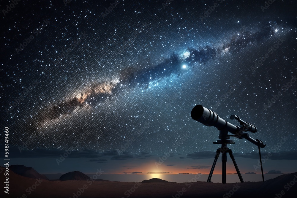 Wall mural exploring the cosmos: a modern telescope under a starry sky - generative ai