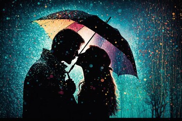 Passionate Rainy Kiss in the Urban Landscape - Generative AI - obrazy, fototapety, plakaty