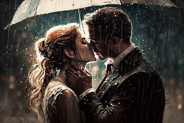 Passionate Couple Kissing Under Romantic Urban Rain - Generative AI