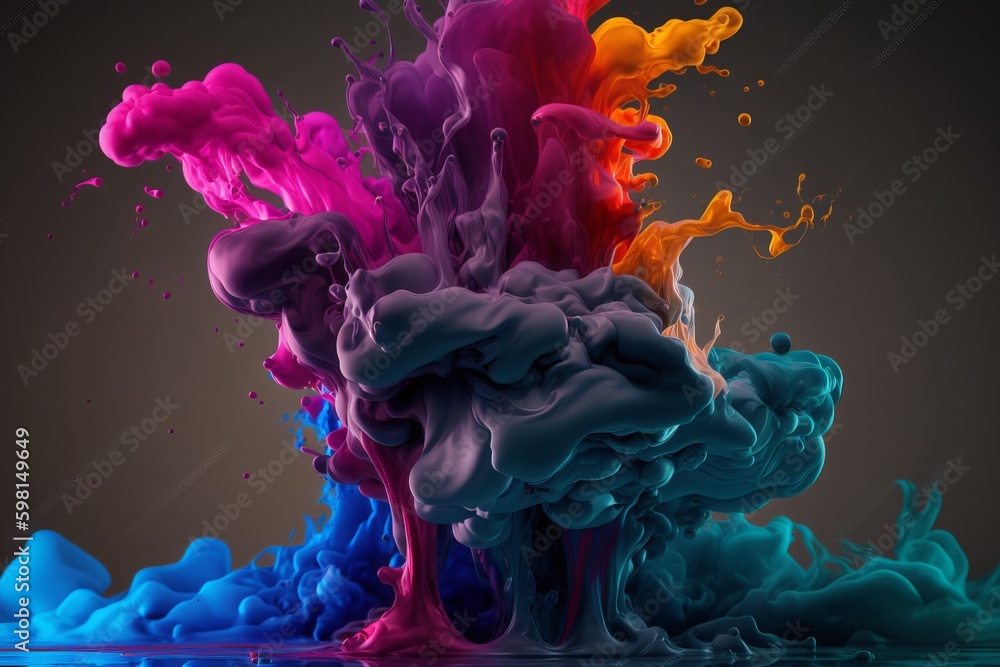 Poster abstract sculpture of multicolored ink in water - generative ai