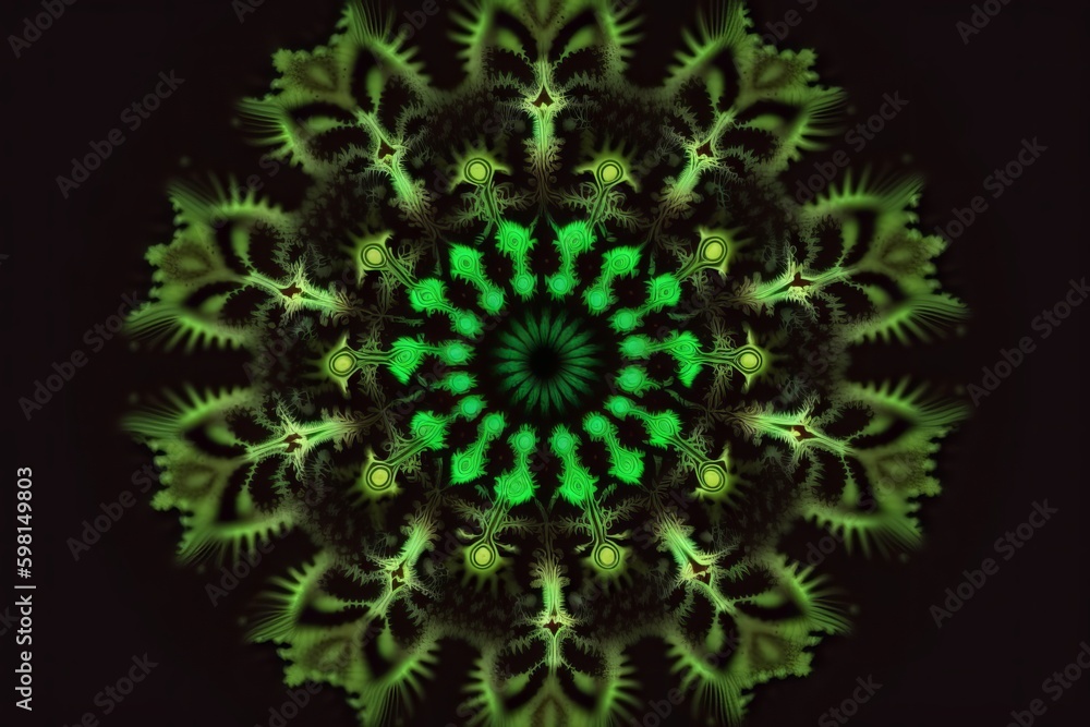 Aufkleber green symmetrical fractal design kaleidoscope loop animation on black - generative ai