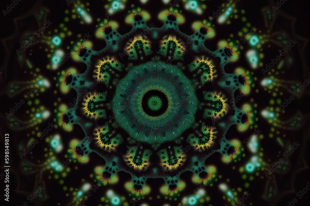 Aufkleber hypnotic green fractal kaleidoscope animation on dynamic ethnic abstract texture - generative ai