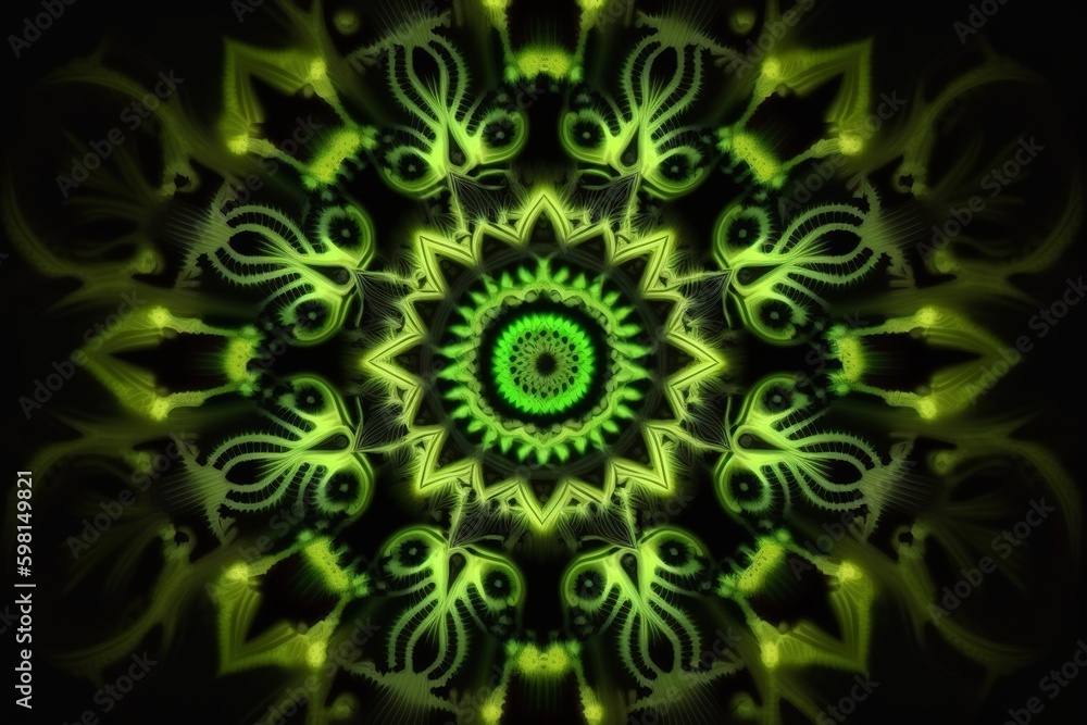 Aufkleber green symmetrical fractal design looping animation on black - generative ai