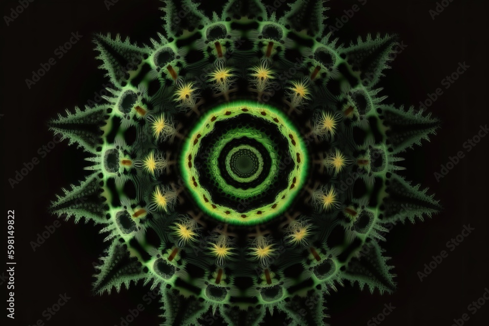 Poster hypnotic green symmetrical fractal design loop animation on black - generative ai