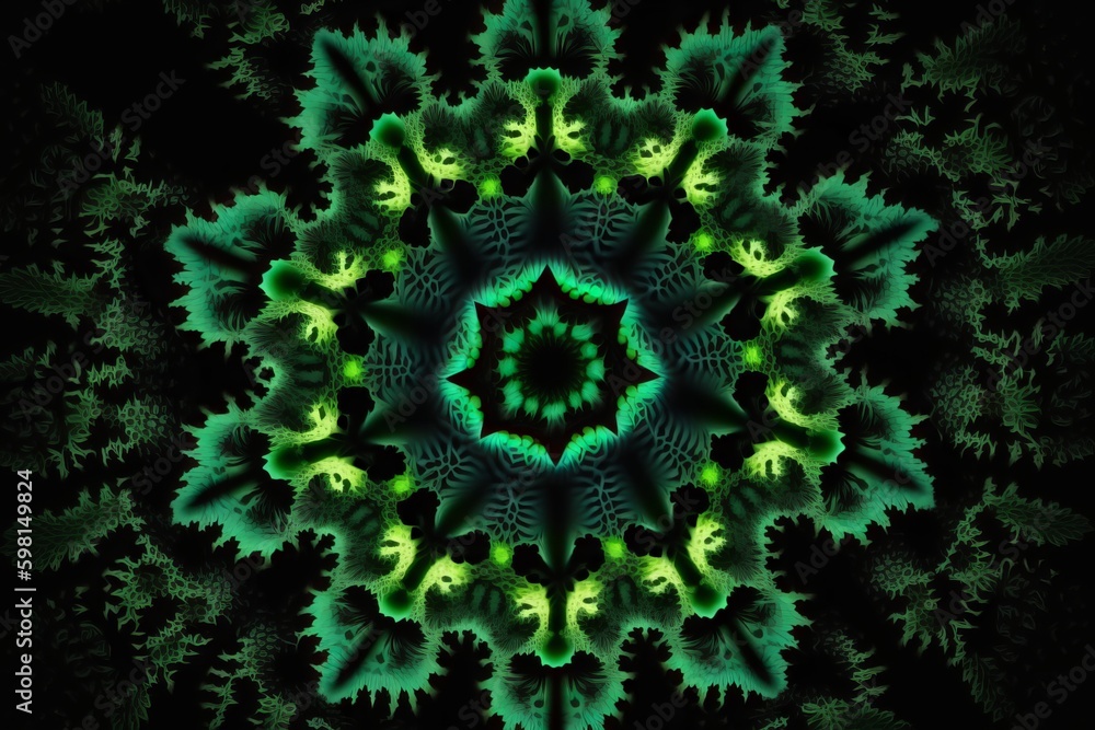 Aufkleber dynamic green fractal kaleidoscope animation on black - generative ai