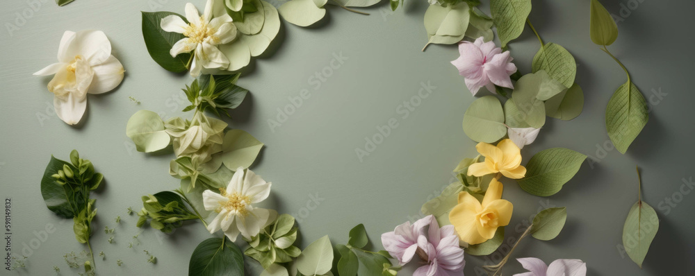 Poster a joyful circle of color carefully arranged with textured greenery and stunning petals.. ai generati