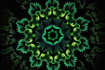 Dynamic Green Fractal Kaleidoscope Animation on Black - Generative AI