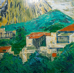 Landscape in Rio de Janeiro, Brazil. Rio de Janeiro views. Oil colors painting, illustration. Oil color artwork.