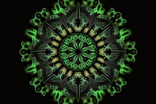 Hypnotic Green Fractal Kaleidoscope Loop Animation on Dynamic Ethnic Abstract Texture - Generative AI