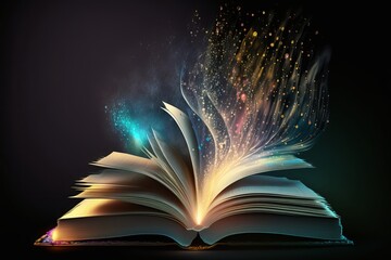 Magical Book with Open Pages and Abstract Lights Shining in Darkness - Generative AI