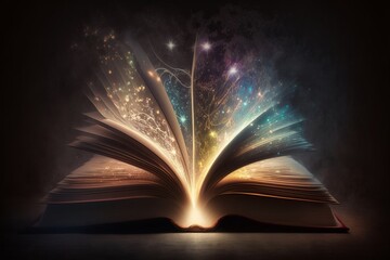 Magic Book With Open Pages And Abstract Lights Shining In Darkness - Literature And Fairytale Concept - Generative AI