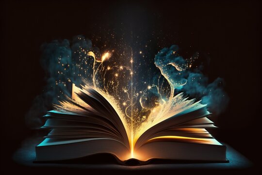 Magical Book: Open Pages and Abstract Lights Illuminate Darkness - Generative AI
