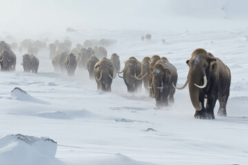 A Mammoth herd movements graceful and regal forging their way through the deep snowcovered tundra.. AI generation. Generative AI