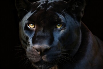 Close up of a black panther isolated on a black background illustrated using generative Ai