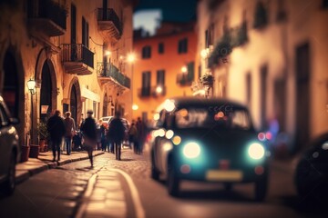 Fototapeta na wymiar Nightlife in Medieval Italy: Pedestrians and Cars in Illuminated Streets - Generative AI