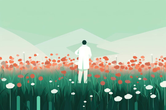A scientist standing in a field of freshly blooming wildflowers feeling inspired Psychology emotions concept. AI generation. Generative AI