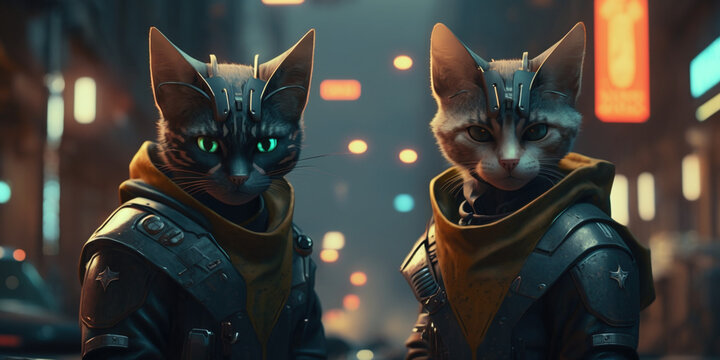 Cyberpunk Style Street Cat Gangs on the Prowl in Futuristic Neon lit Street Cat City