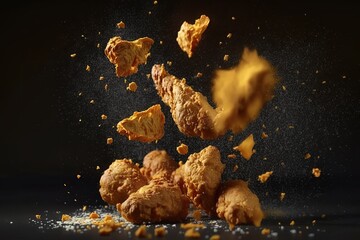 Super Slow Motion of Flying Fried Chicken Pieces on Black Background - Generative AI