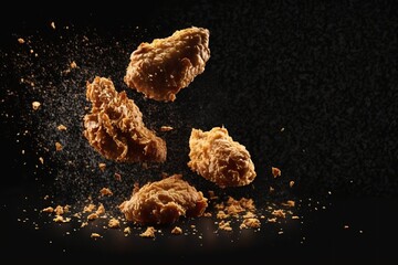 Super Slow Motion of Flying Fried Chicken on Black Background - Generative AI