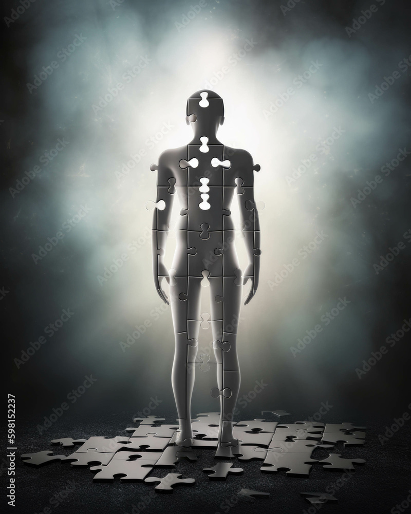 Poster an image of an puzzle pieces tered over a background with one piece standing alone in the middle rep